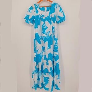 Aloha Hawaiian Fashions Aqua Blue Floral Short Sleeve Maxi Dress, Sz S